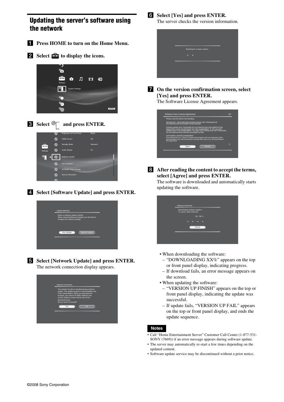 Updating the server’s software using the network, F select [yes] and press enter, The network connection display appears | The server checks the version information, The software license agreement appears | Sony HES-V1000 User Manual | Page 2 / 2