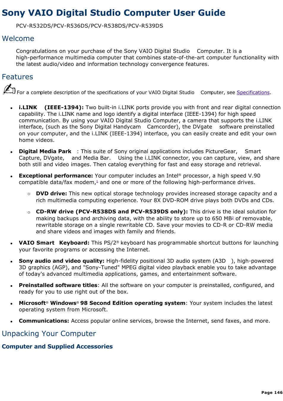 Recovery cds, Sony vaio digital studio computer user guide, Welcome | Features, Unpacking your computer | Sony PCV-R538DS User Manual | Page 146 / 586
