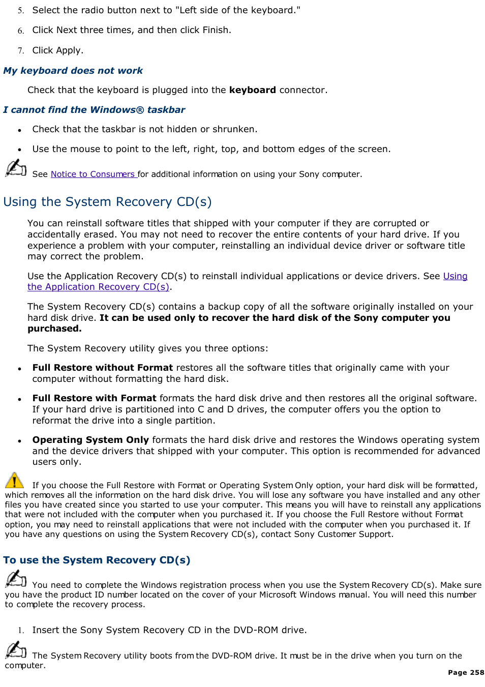 Using the system recovery cd(s) | Sony PCV-R538DS User Manual | Page 258 / 586