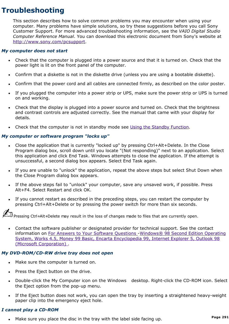Using the application recovery cd(s), Troubleshooting | Sony PCV-R538DS User Manual | Page 291 / 586