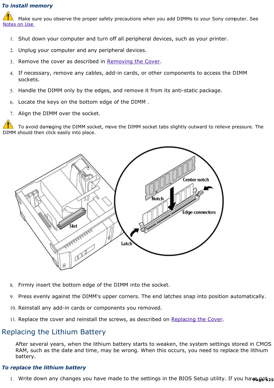 Replacing the lithium battery | Sony PCV-R538DS User Manual | Page 425 / 586