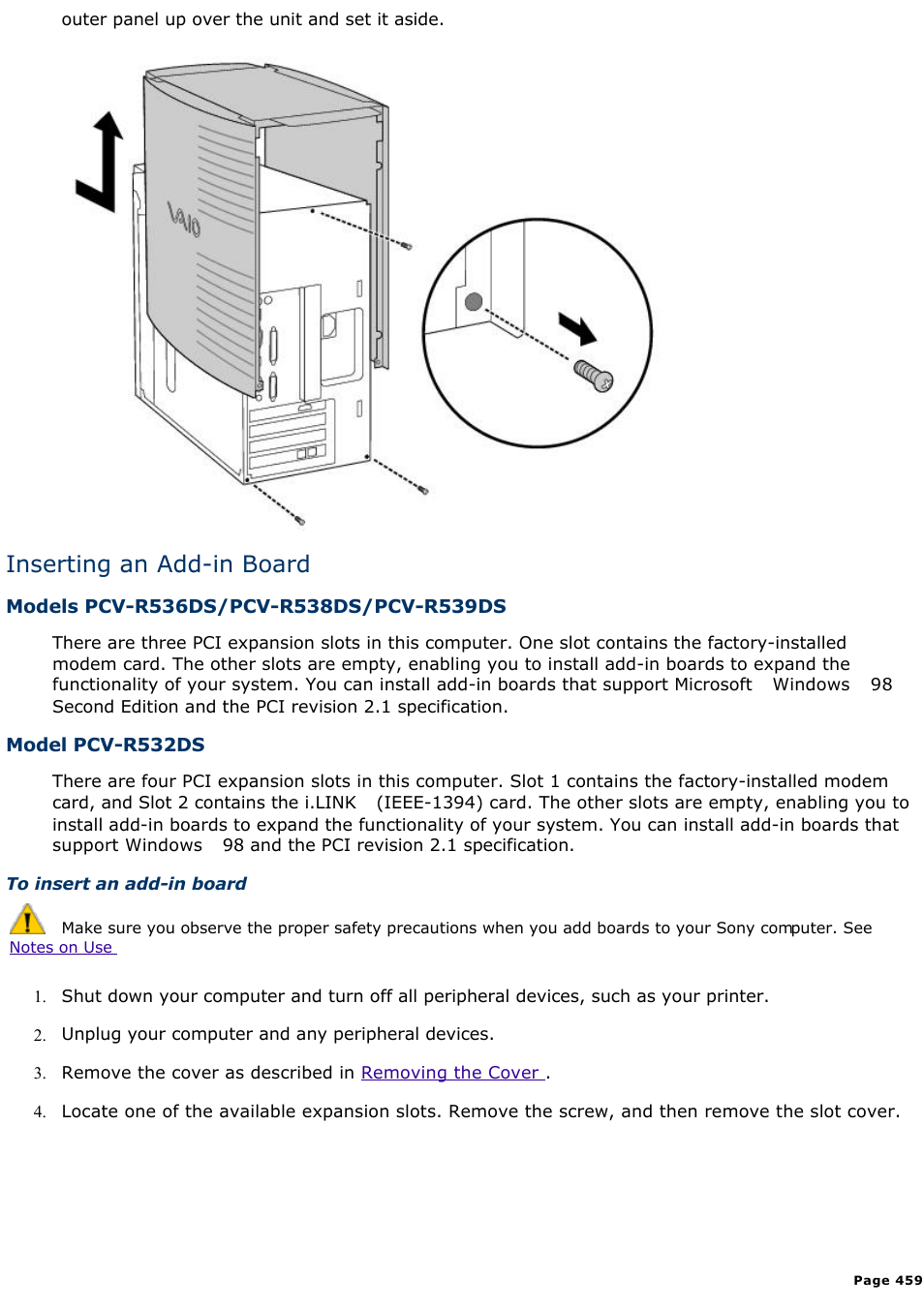 Inserting an add-in board | Sony PCV-R538DS User Manual | Page 459 / 586