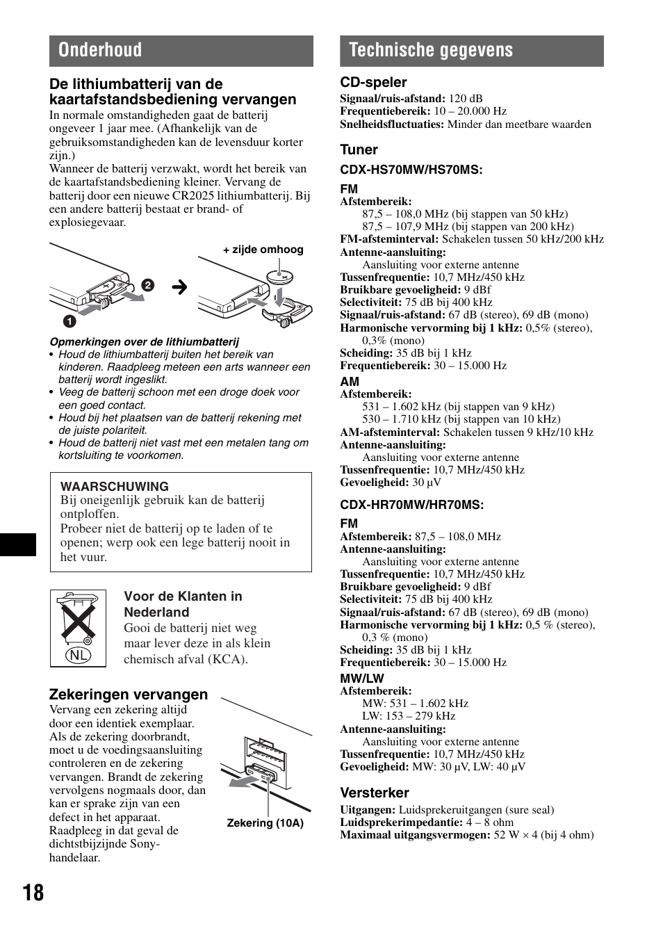 Onderhoud, Technische gegevens, Onderhoud technische gegevens | Zekeringen vervangen | Sony CDX-HS70MW User Manual | Page 104 / 132