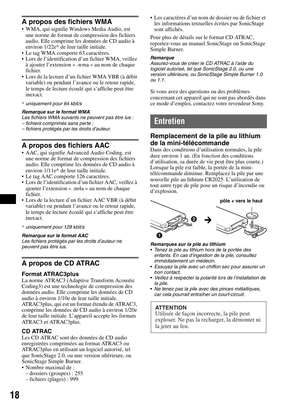 A propos des fichiers wma, A propos des fichiers aac, A propos de cd atrac | Entretien | Sony CDX-HS70MW User Manual | Page 38 / 132