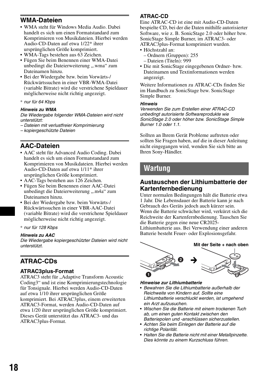 Wma-dateien, Aac-dateien, Atrac-cds | Wartung, Wma-dateien aac-dateien atrac-cds, Seite 18 | Sony CDX-HS70MW User Manual | Page 82 / 132