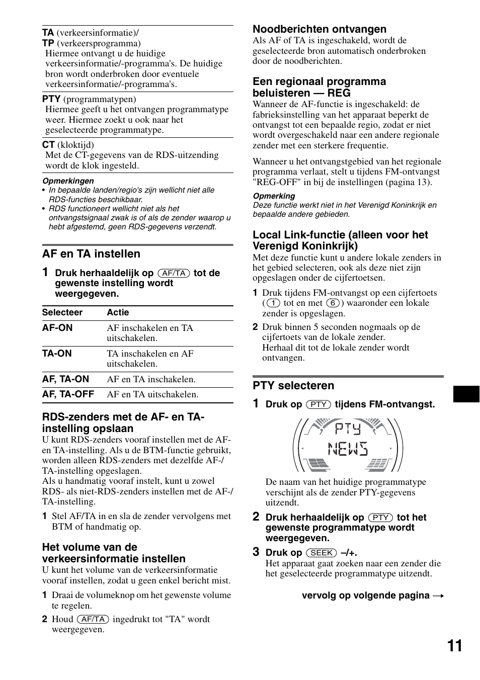 Af en ta instellen, Pty selecteren, Af en ta instellen pty selecteren | S) 11 | Sony CDX-HS70MW User Manual | Page 97 / 132