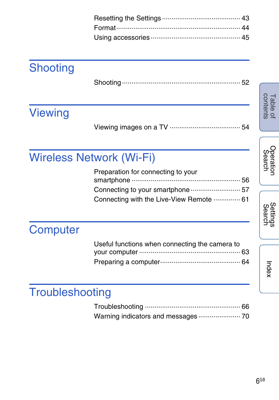 Shooting, Viewing, Wireless network (wi-fi) | Computer, Troubleshooting | Sony HDR-AS100VR User Manual | Page 6 / 82