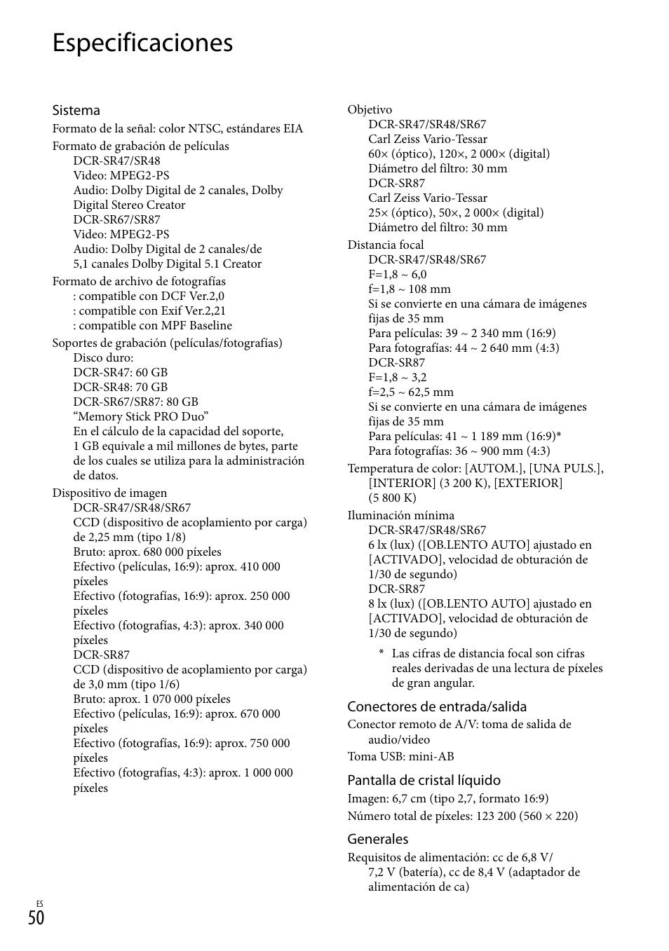 Especificaciones | Sony DCR-SR67 User Manual | Page 108 / 116