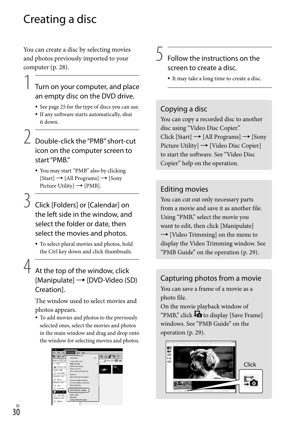 Creating a disc, Copying a disc, Editing movies | Capturing photos from a movie | Sony DCR-SR67 User Manual | Page 30 / 116