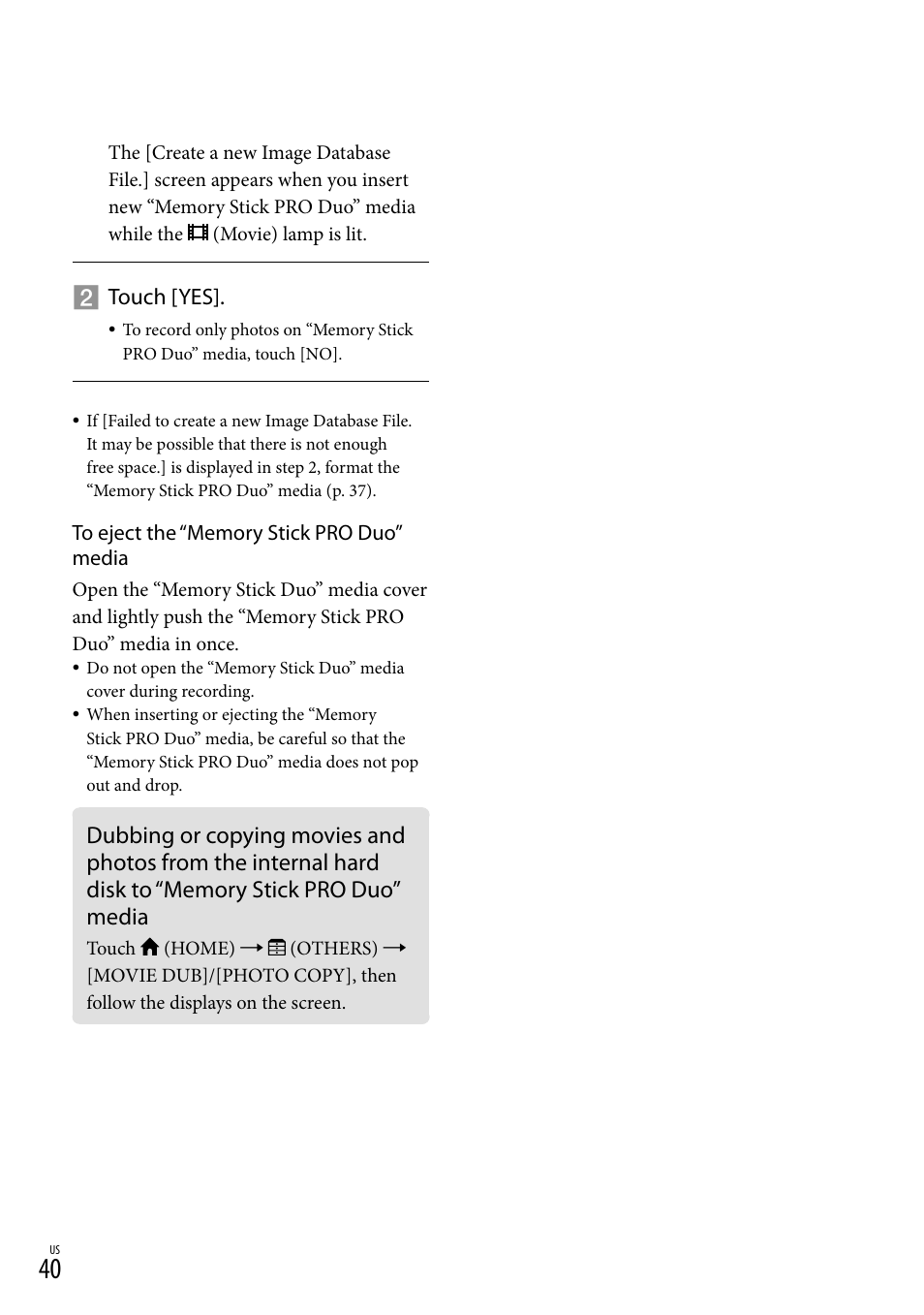Memory stick pro duo” media | Sony DCR-SR67 User Manual | Page 40 / 116