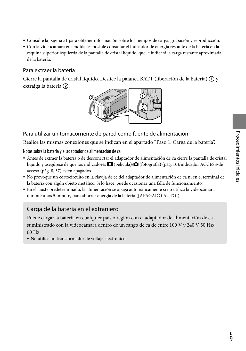 Carga de la batería en el extranjero, Para extraer la batería | Sony DCR-SR67 User Manual | Page 67 / 116