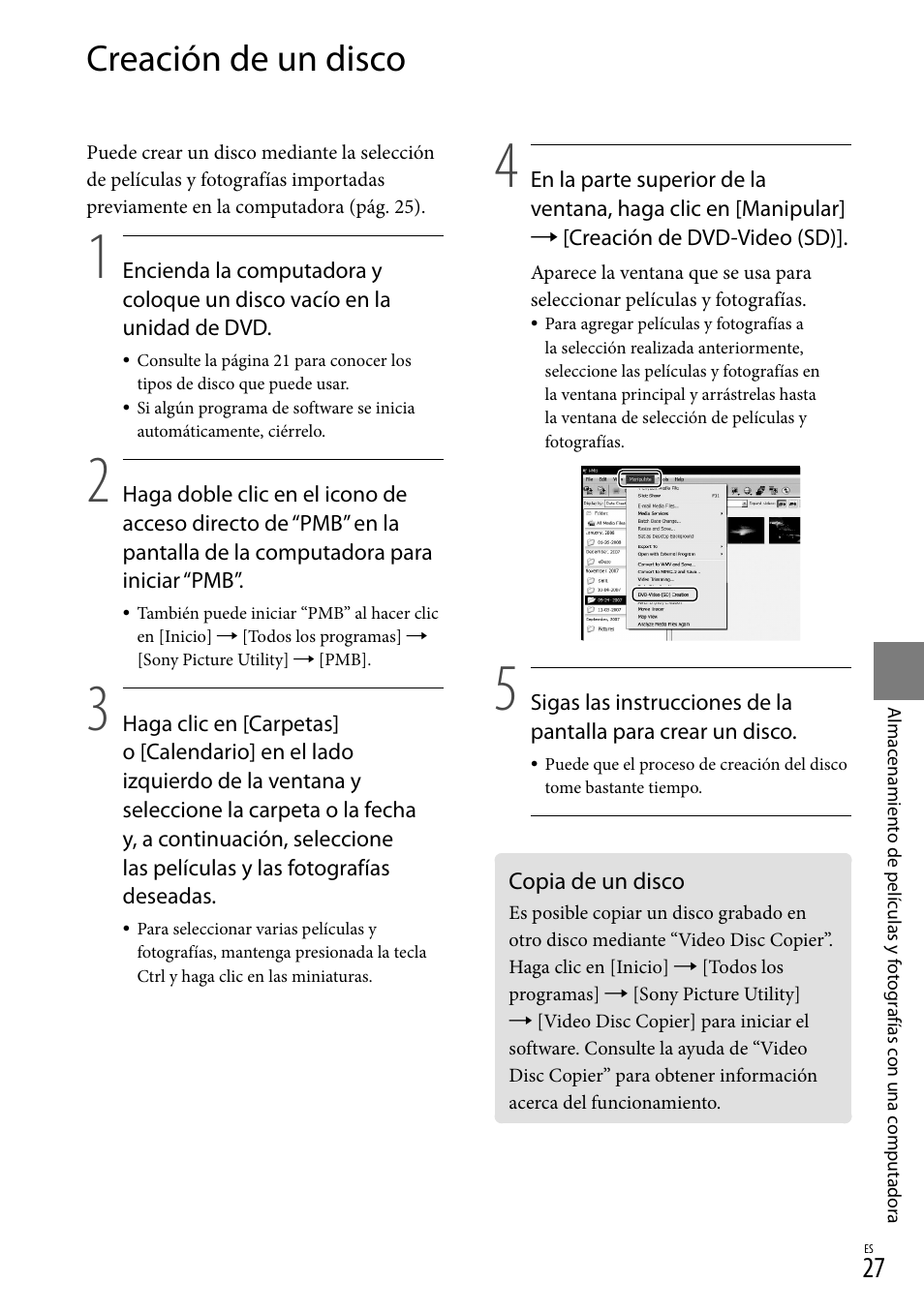 Creación de un disco, Copia de un disco | Sony DCR-SR67 User Manual | Page 85 / 116