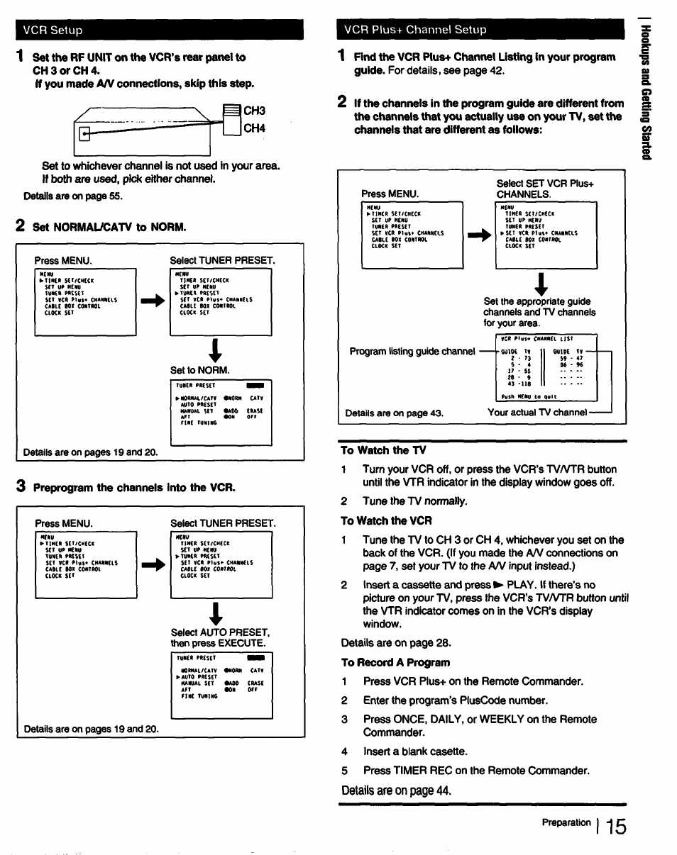 Vcr setup, Vcr plus+ channel setup | Sony SLV-750HF User Manual | Page 15 / 66