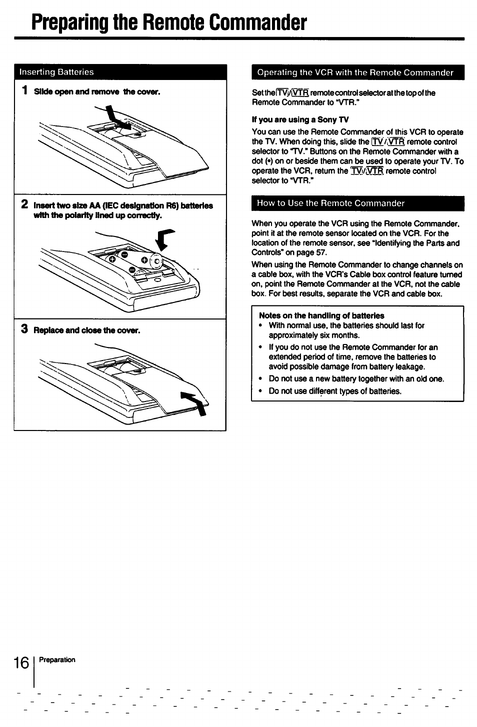Preparing the remote commander | Sony SLV-750HF User Manual | Page 16 / 66
