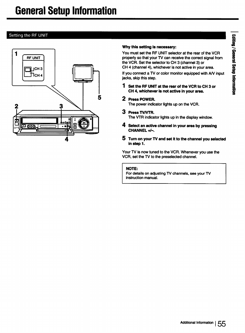 General setup information, Why this setting is necessary, 2 press power | 3 press tv/vtr, Note | Sony SLV-750HF User Manual | Page 55 / 66