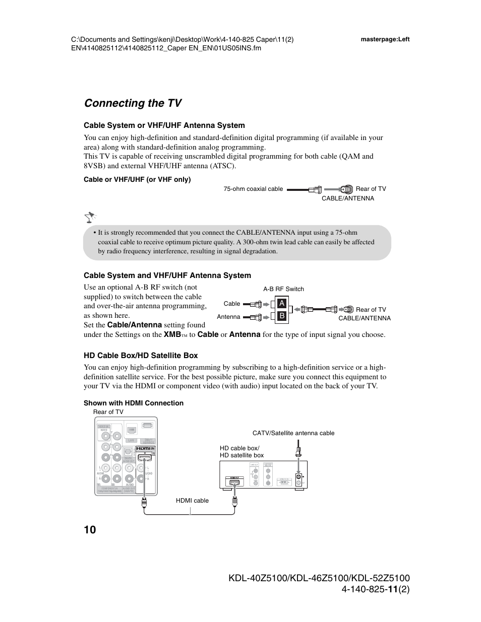Connecting the tv | Sony KDL-52Z5100 User Manual | Page 10 / 48