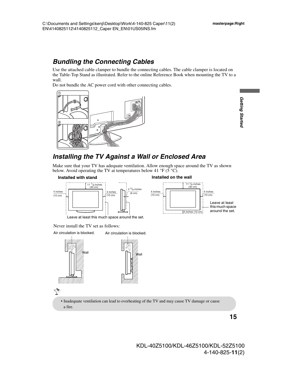 Bundling the connecting cables, Installing the tv against a wall or enclosed area, Enclosed area | 15 bundling the connecting cables, Never install the tv set as follows | Sony KDL-52Z5100 User Manual | Page 15 / 48