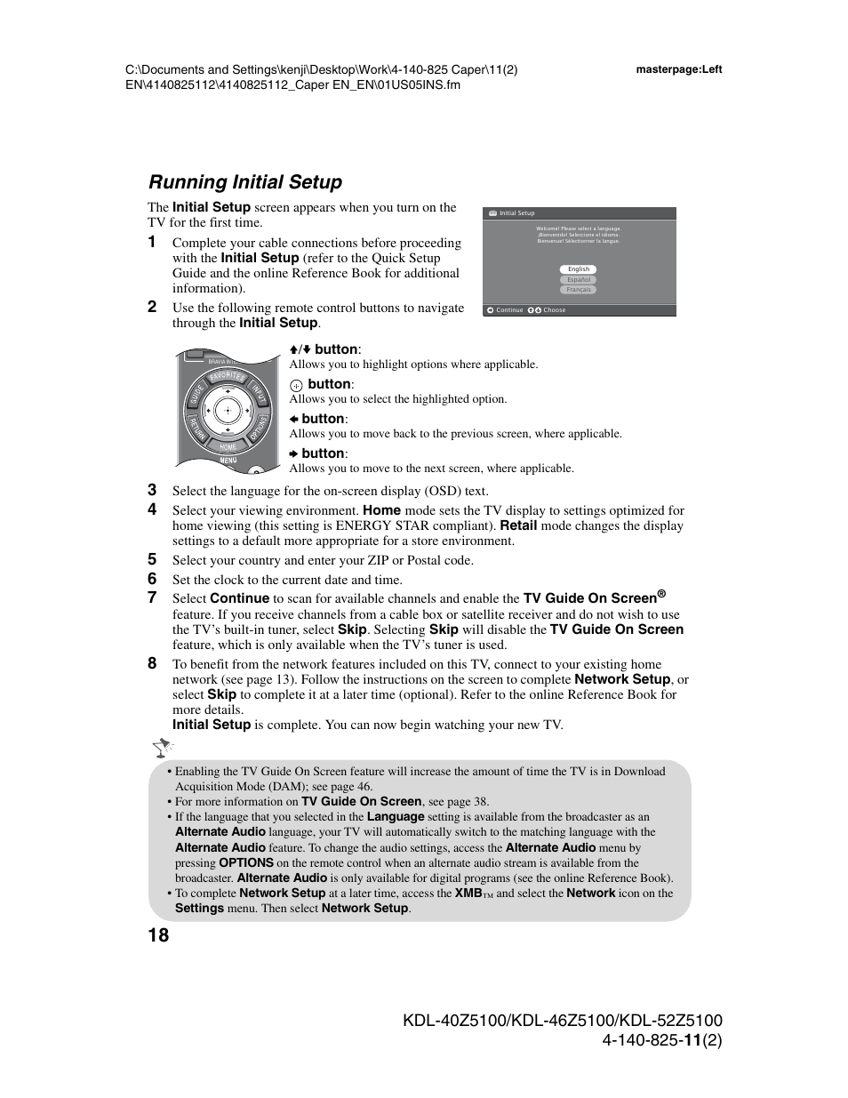 Running initial setup | Sony KDL-52Z5100 User Manual | Page 18 / 48