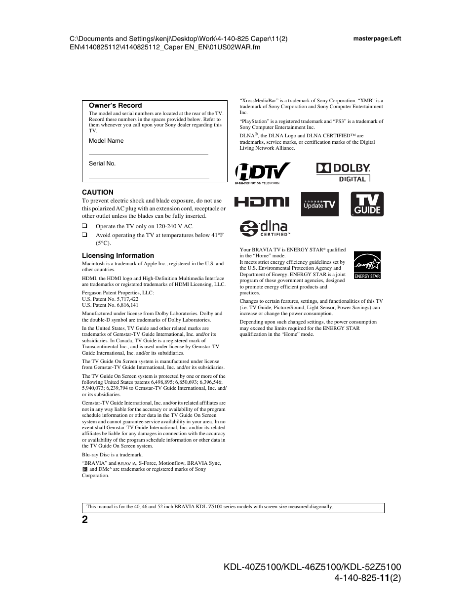 Sony KDL-52Z5100 User Manual | Page 2 / 48