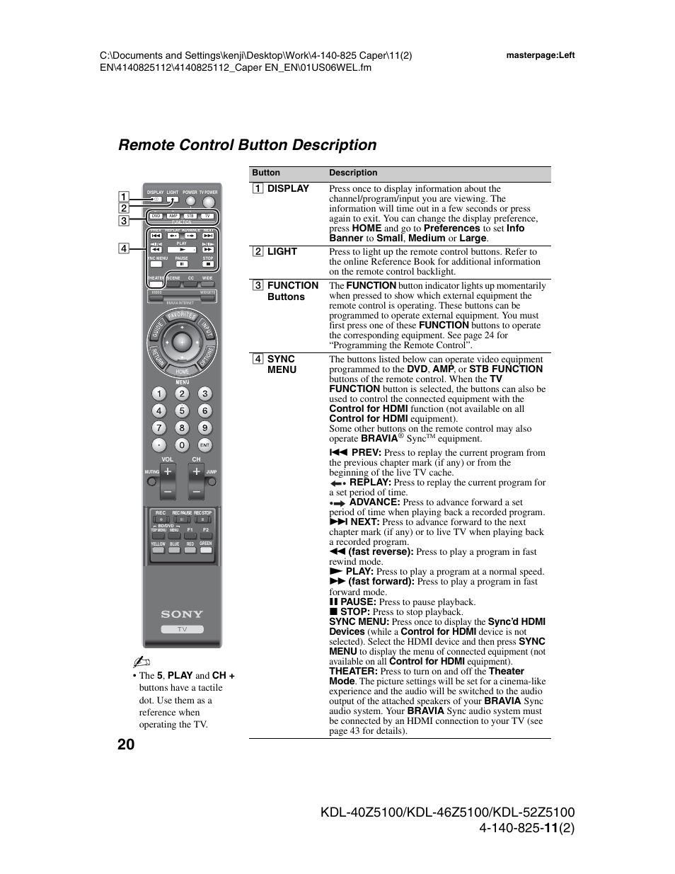 Remote control button description, Sync | Sony KDL-52Z5100 User Manual | Page 20 / 48