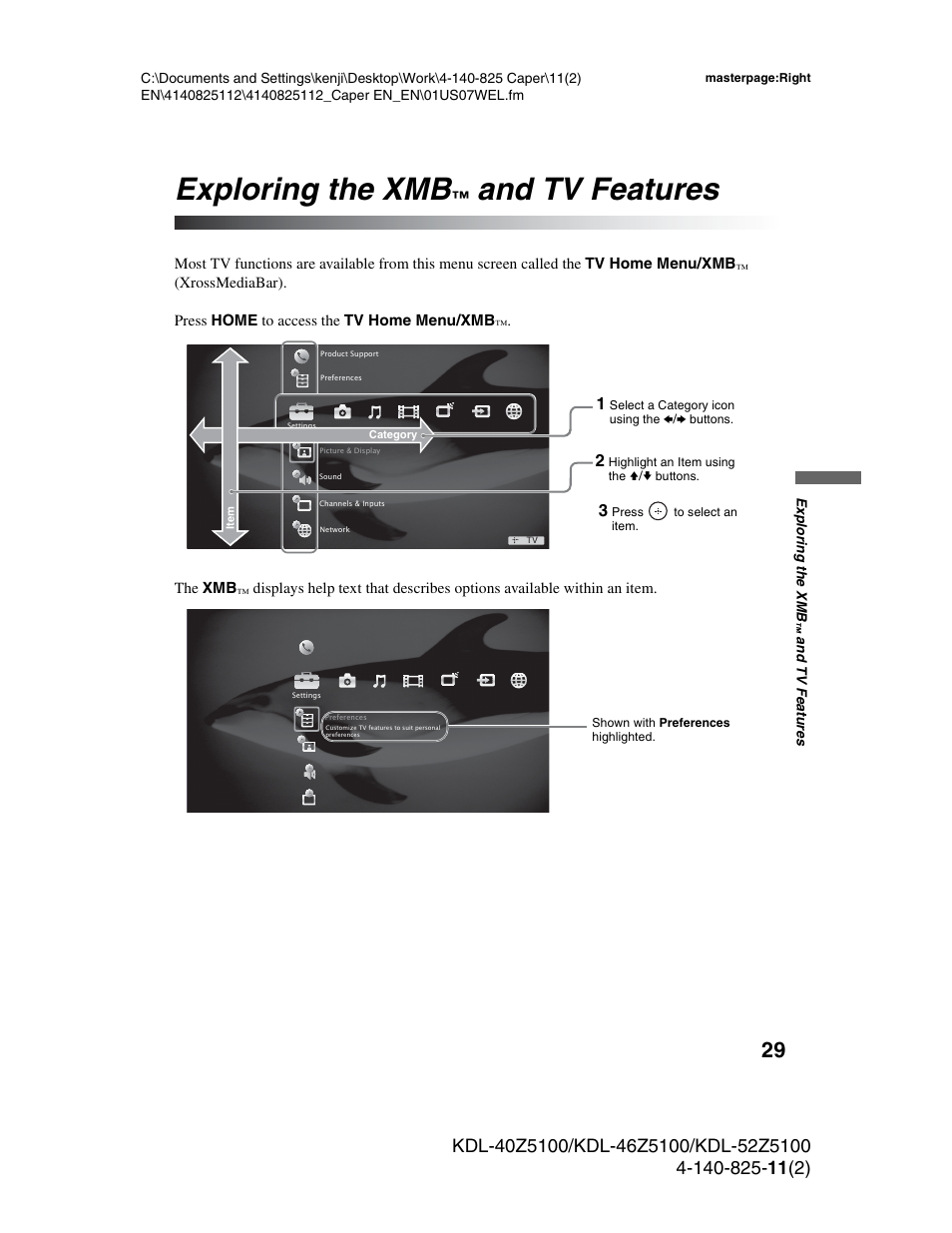Exploring the xmb™ and tv features, Exploring the xmb, And tv | Features, And tv features | Sony KDL-52Z5100 User Manual | Page 29 / 48