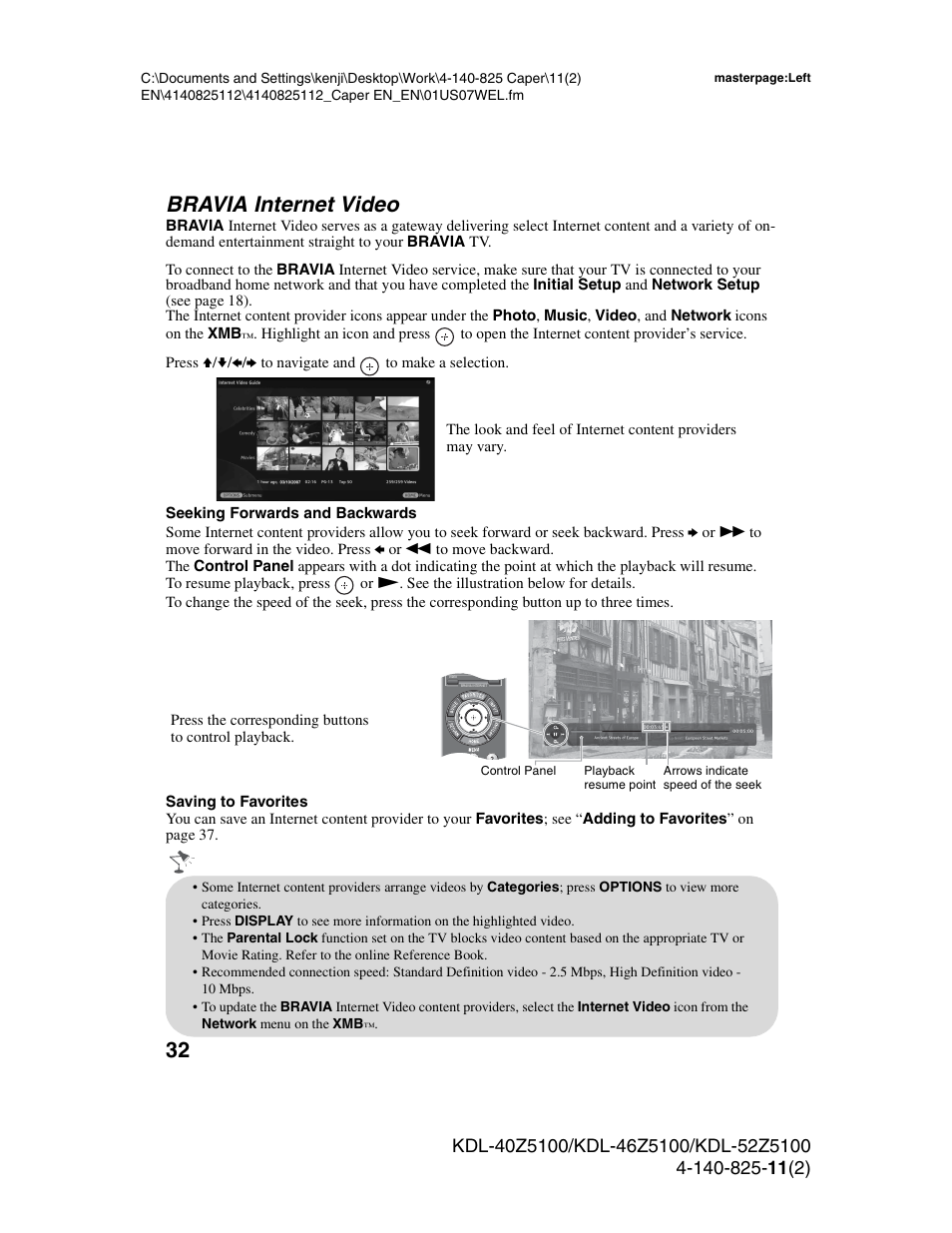Bravia internet video, Ge 32 | Sony KDL-52Z5100 User Manual | Page 32 / 48