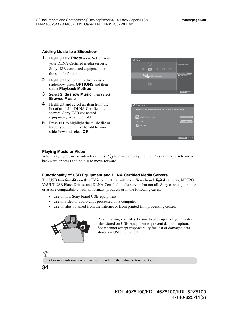 Adding music to a slideshow, Select slideshow music , then select browse music | Sony KDL-52Z5100 User Manual | Page 34 / 48
