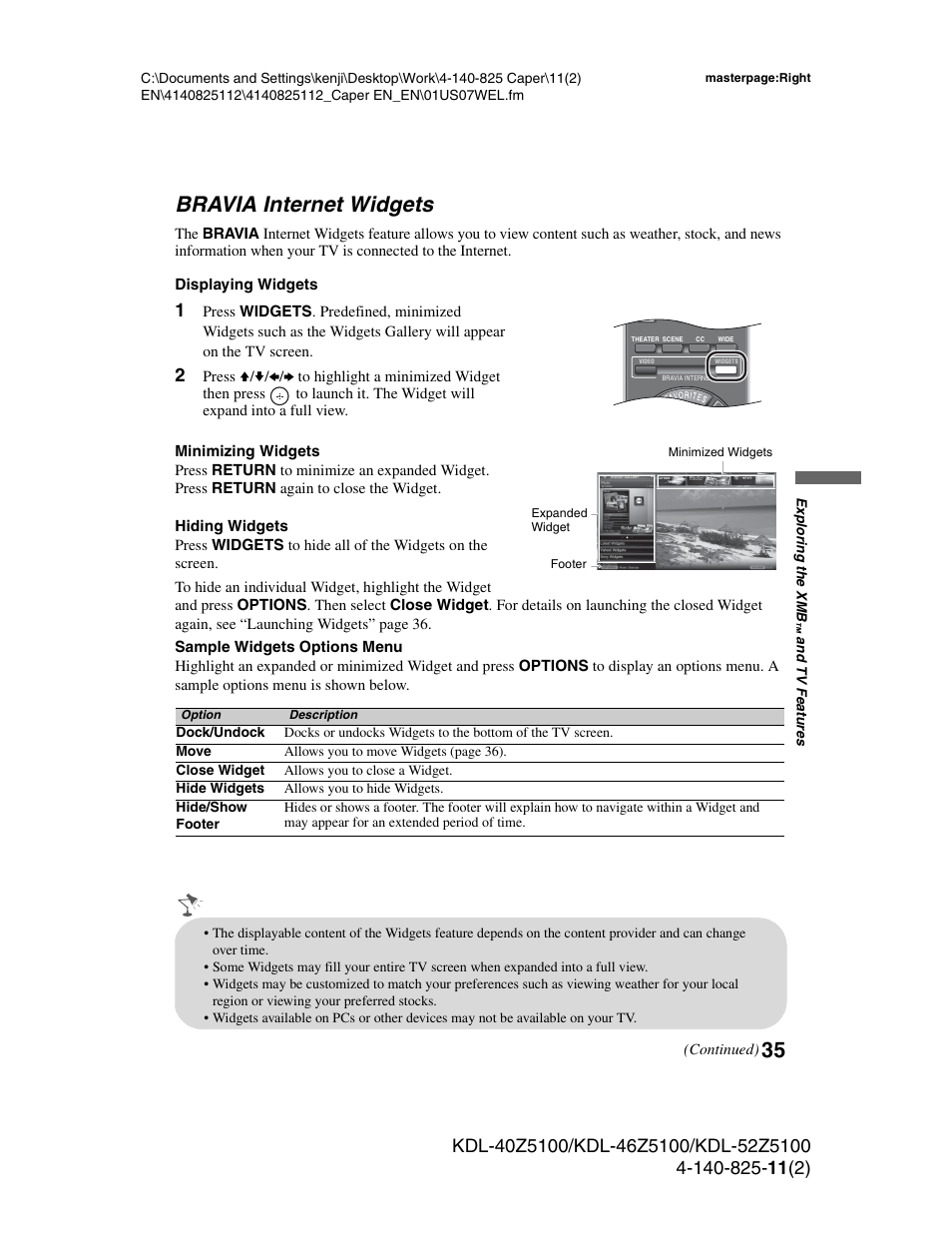 Bravia internet widgets, 35 bravia internet widgets | Sony KDL-52Z5100 User Manual | Page 35 / 48