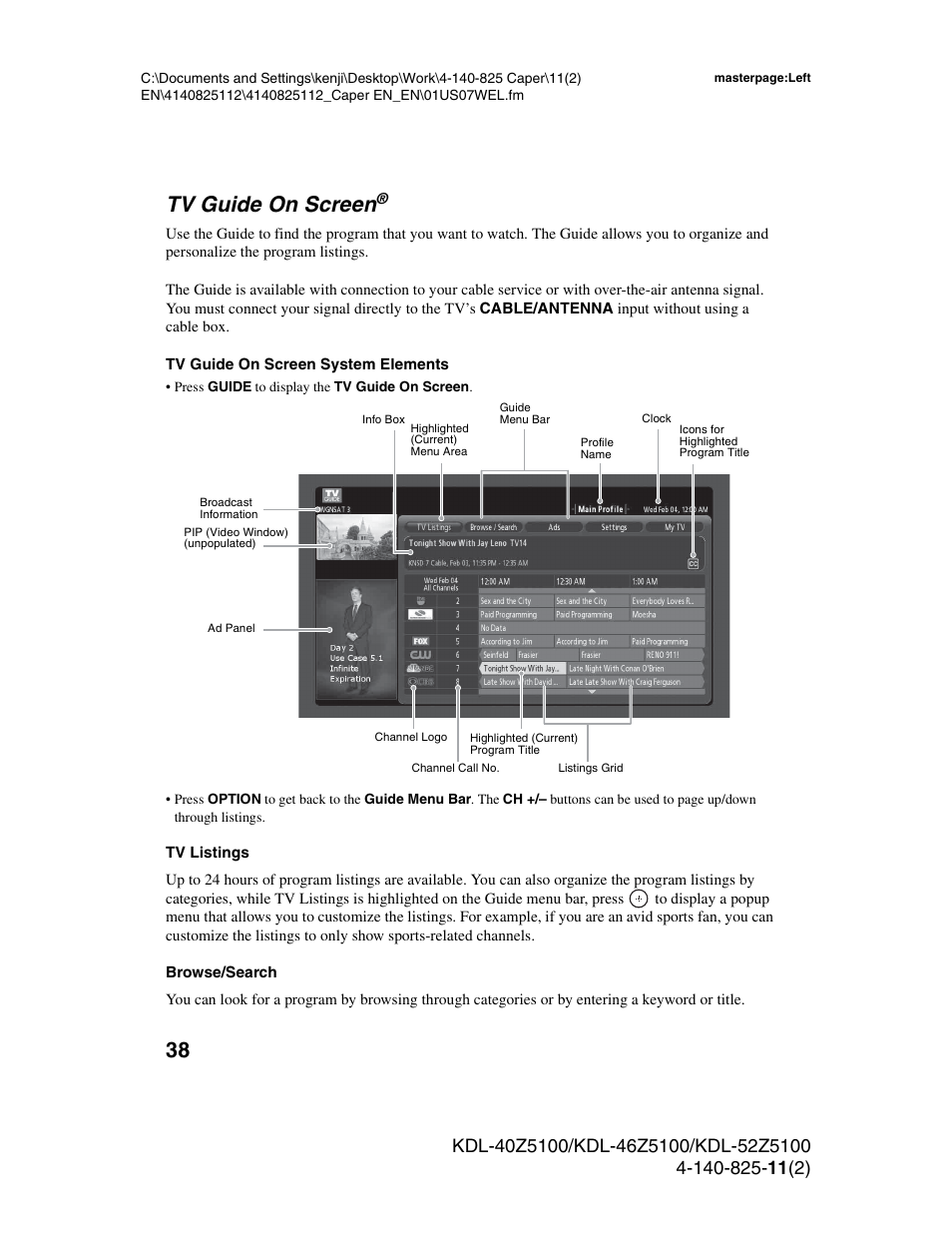 Tv guide on screen, Ge 38) | Sony KDL-52Z5100 User Manual | Page 38 / 48