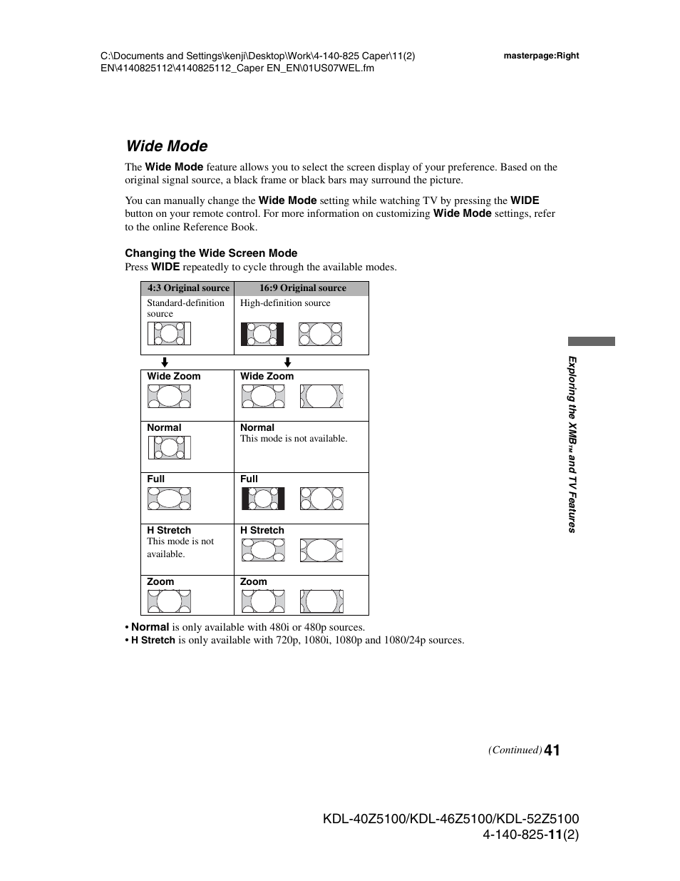 Wide mode, 41 wide mode | Sony KDL-52Z5100 User Manual | Page 41 / 48