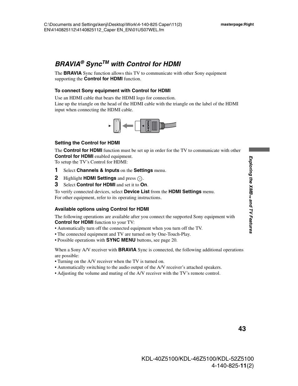 Bravia® synctm with control for hdmi, Bravia sync with control for hdmi, 43 bravia | Sync, With control for hdmi | Sony KDL-52Z5100 User Manual | Page 43 / 48