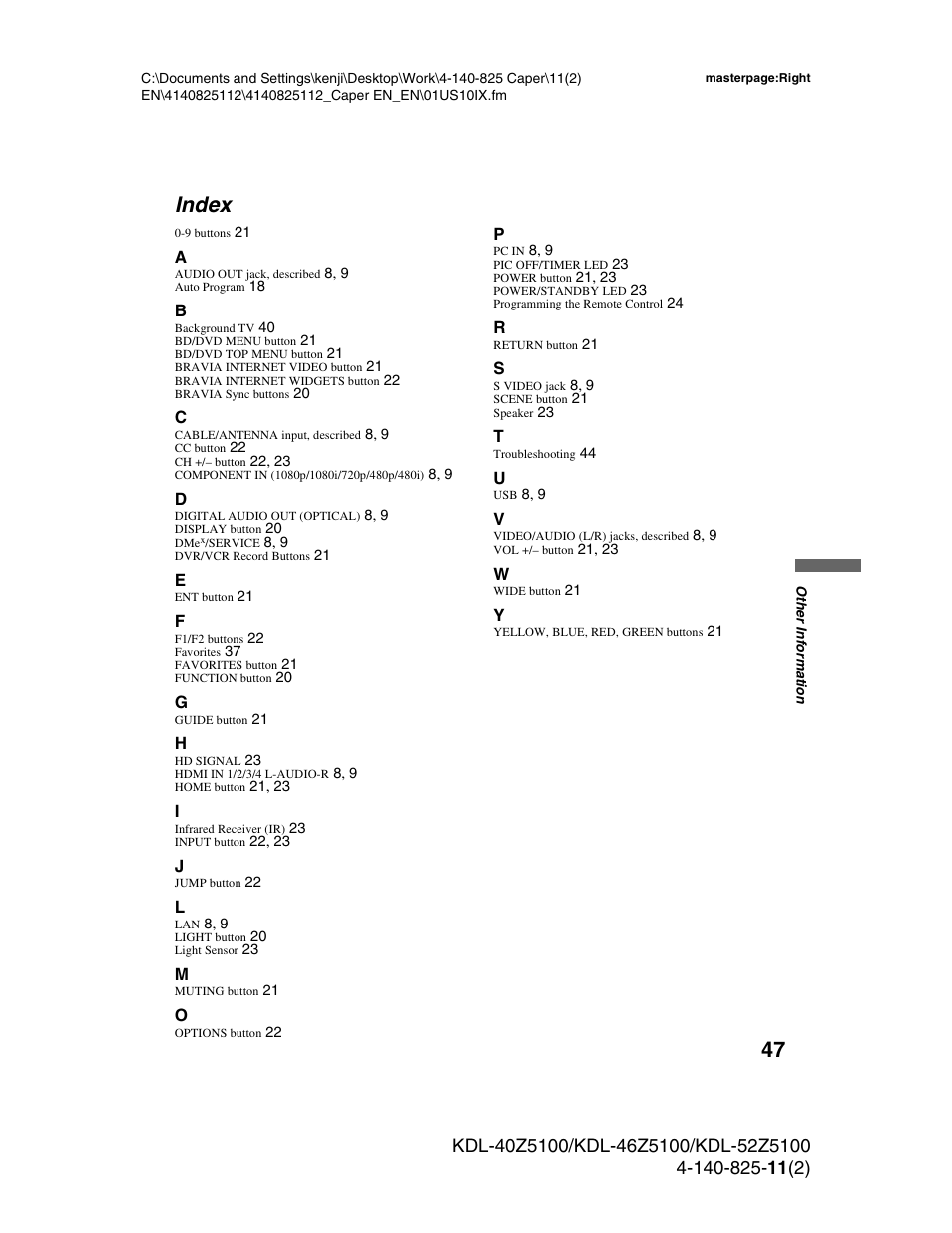 Index | Sony KDL-52Z5100 User Manual | Page 47 / 48