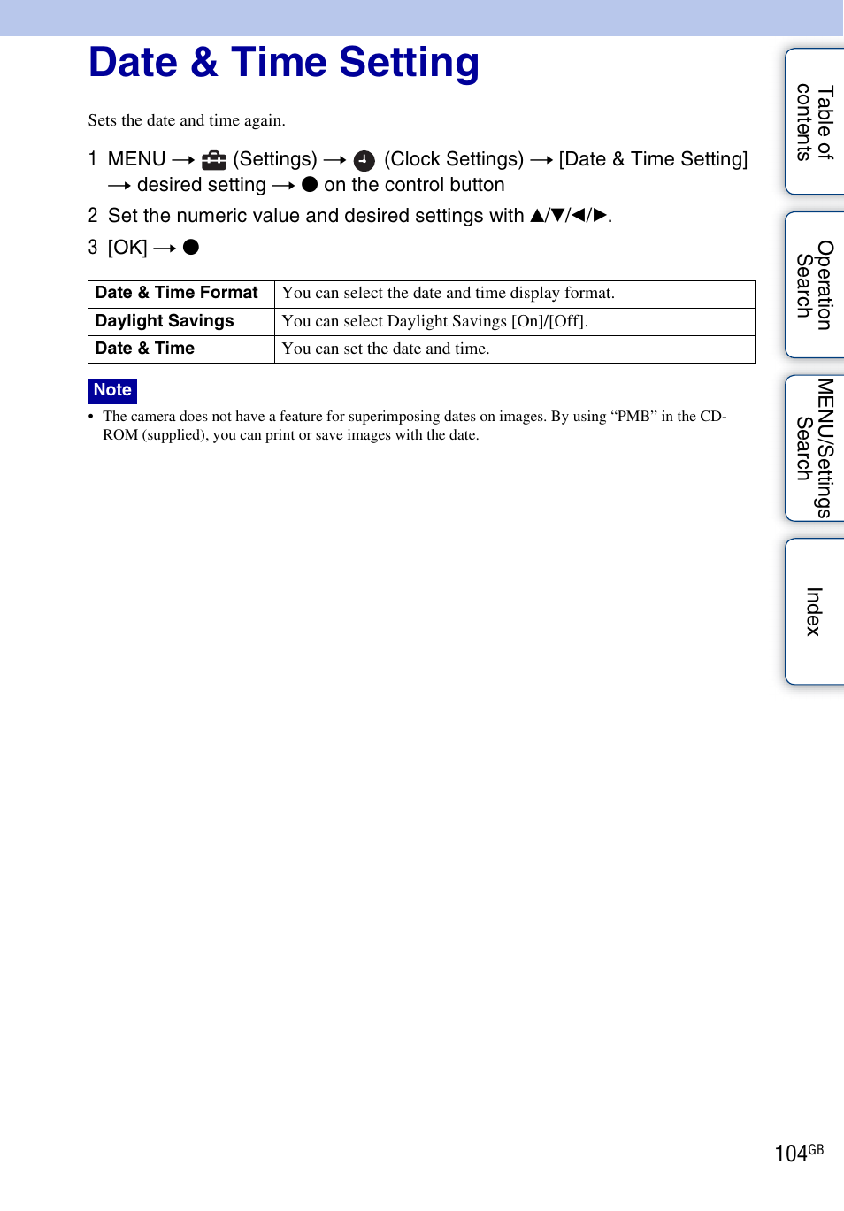 Date & time setting | Sony DSC-W560 User Manual | Page 104 / 141