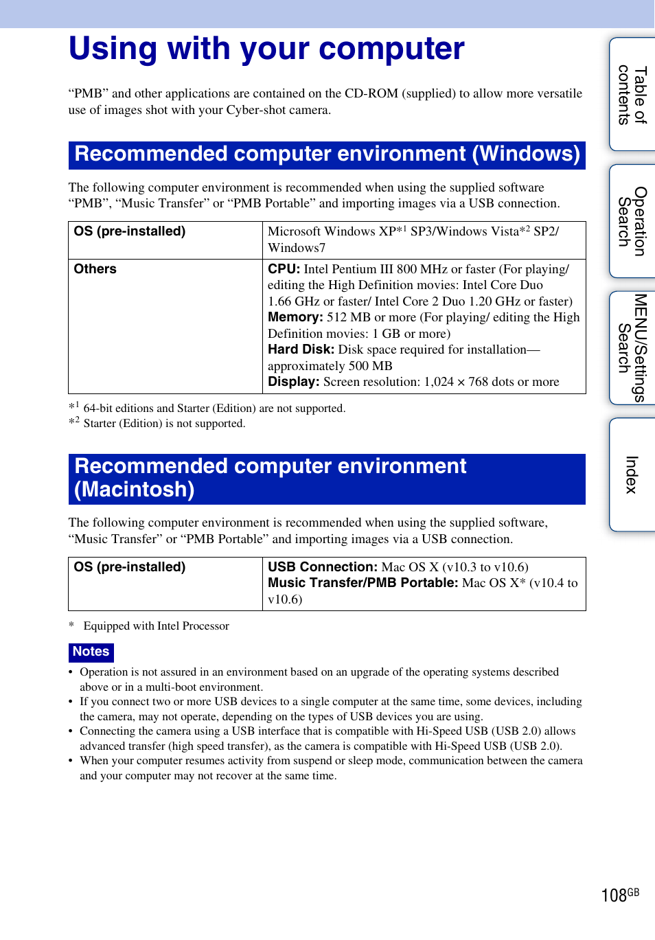 Using with your computer, Recommended computer environment (windows), Recommended computer environment (macintosh) | Sony DSC-W560 User Manual | Page 108 / 141