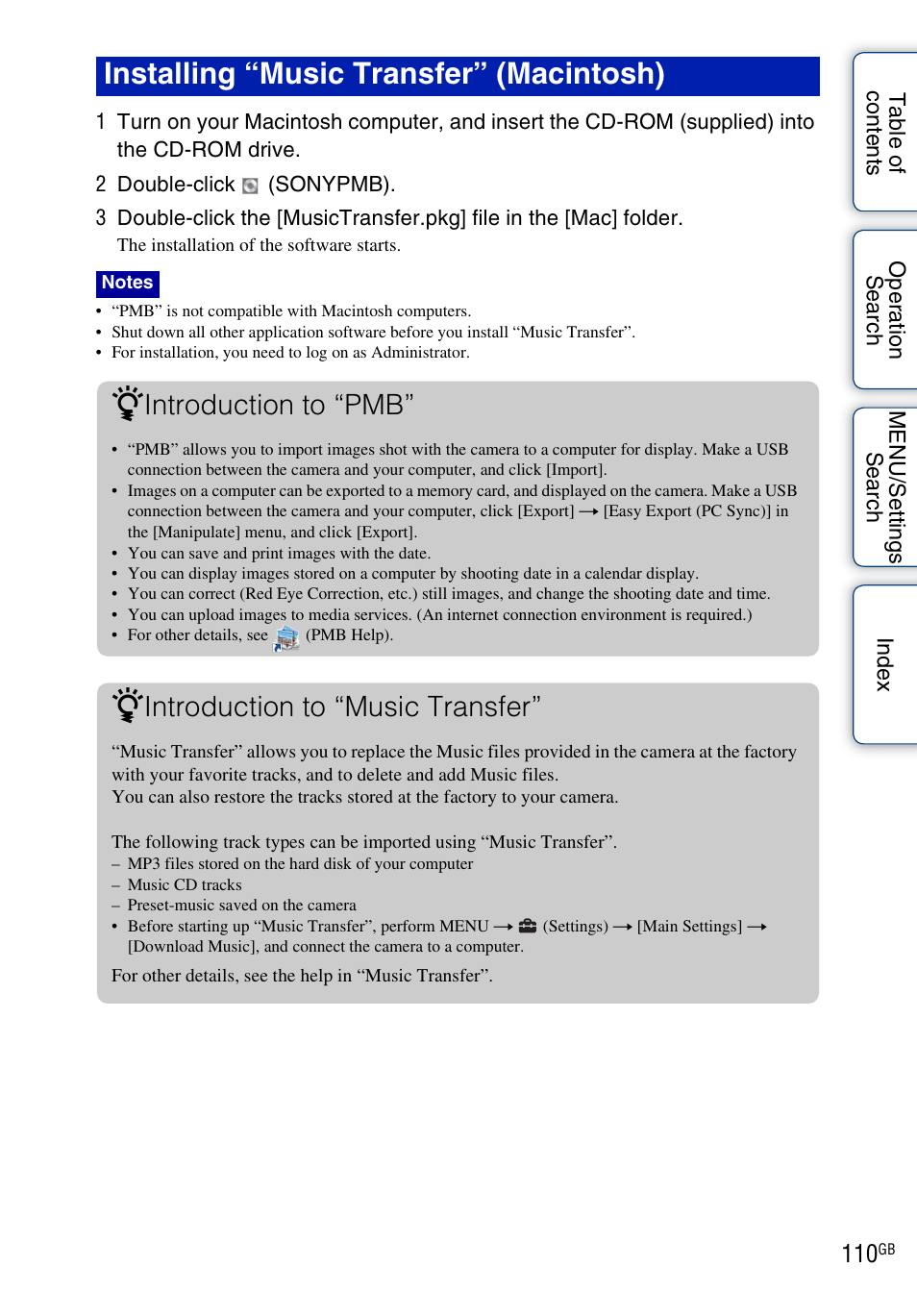 Installing “music transfer” (macintosh), Introduction to “pmb, Introduction to “music transfer | Sony DSC-W560 User Manual | Page 110 / 141