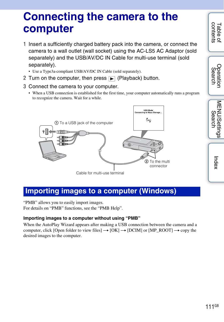 Connecting the camera to the computer, 111 wit, Importing images to a computer (windows) | Sony DSC-W560 User Manual | Page 111 / 141