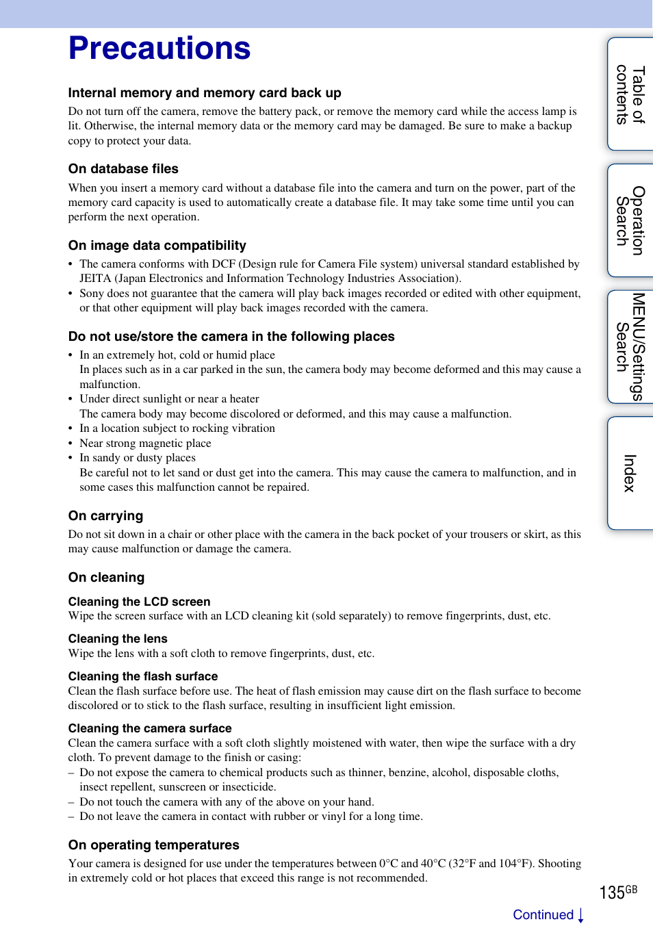 Precautions | Sony DSC-W560 User Manual | Page 135 / 141