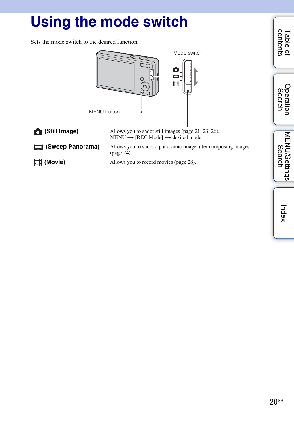 Using the mode switch, H (20) | Sony DSC-W560 User Manual | Page 20 / 141