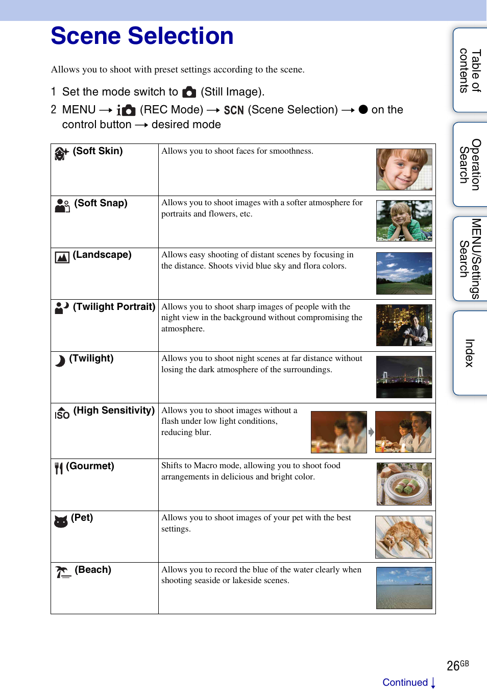 Scene selection | Sony DSC-W560 User Manual | Page 26 / 141