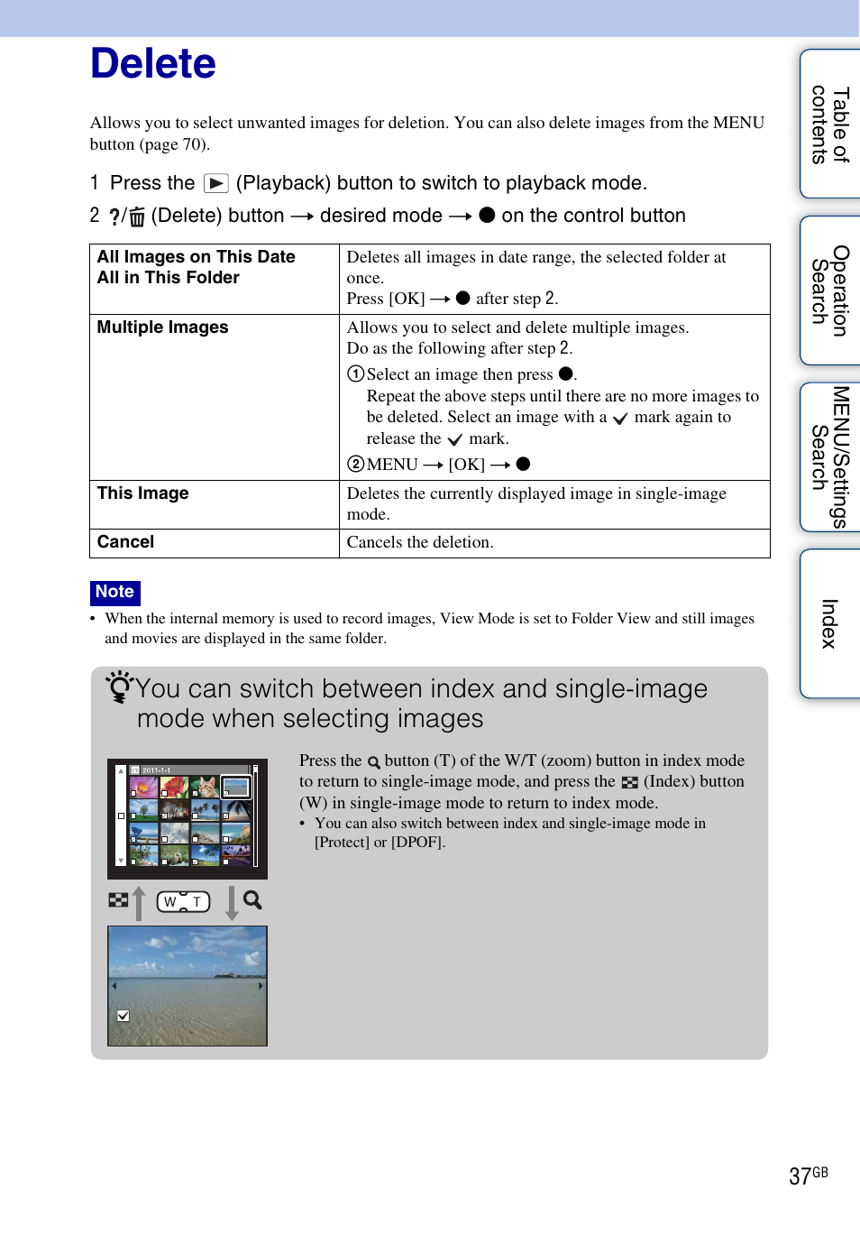 Delete | Sony DSC-W560 User Manual | Page 37 / 141
