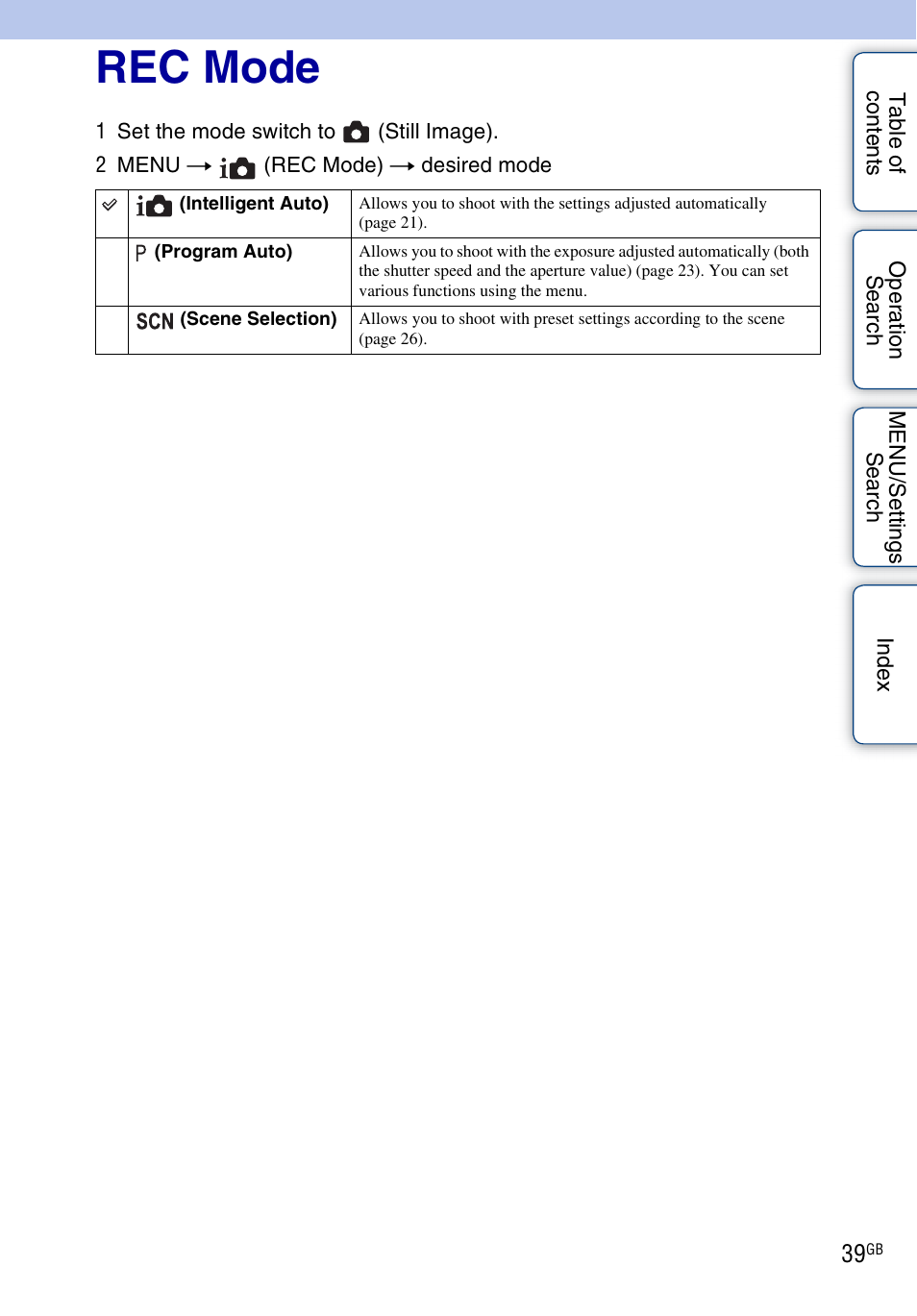 Rec mode | Sony DSC-W560 User Manual | Page 39 / 141