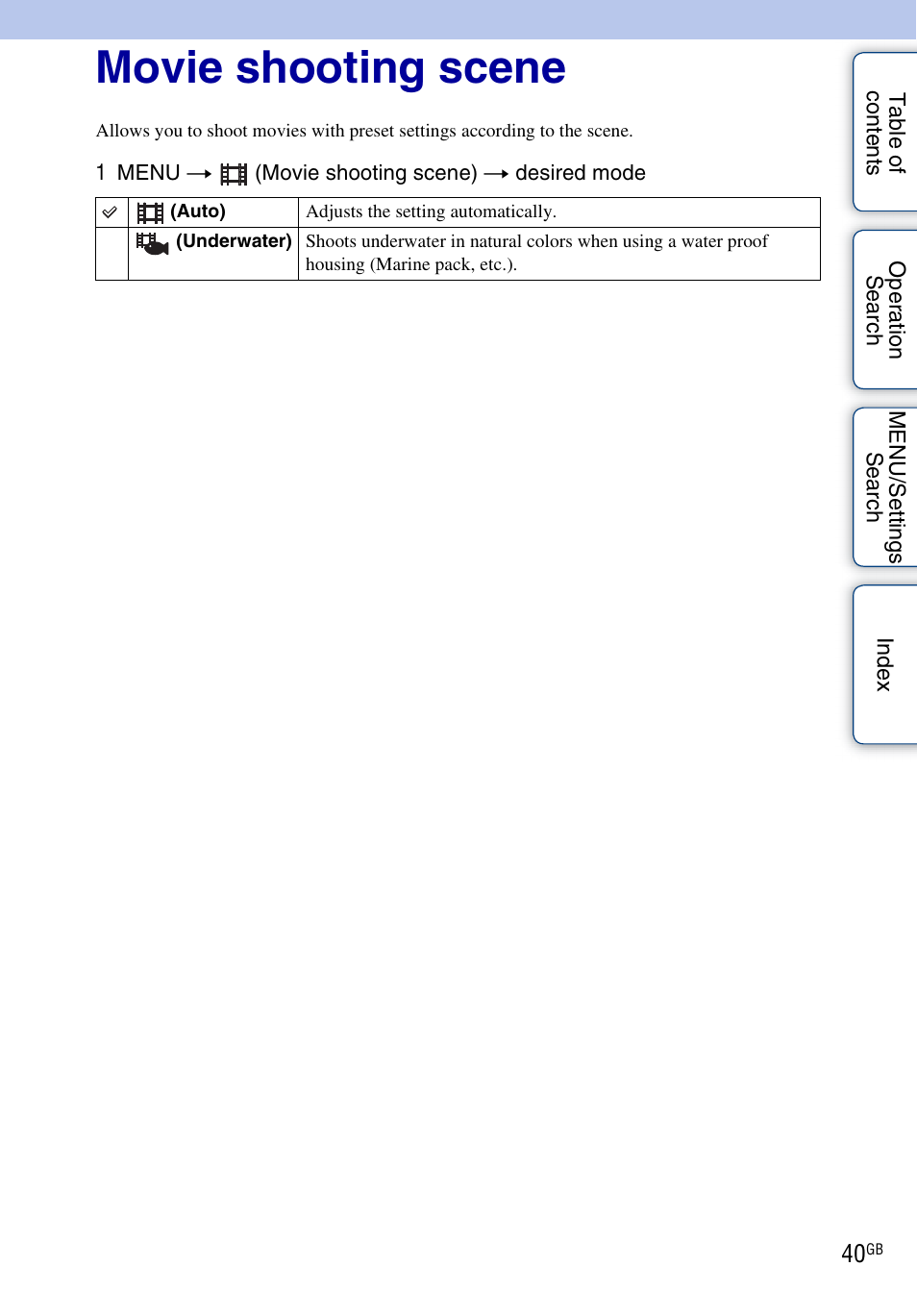 Movie shooting scene | Sony DSC-W560 User Manual | Page 40 / 141
