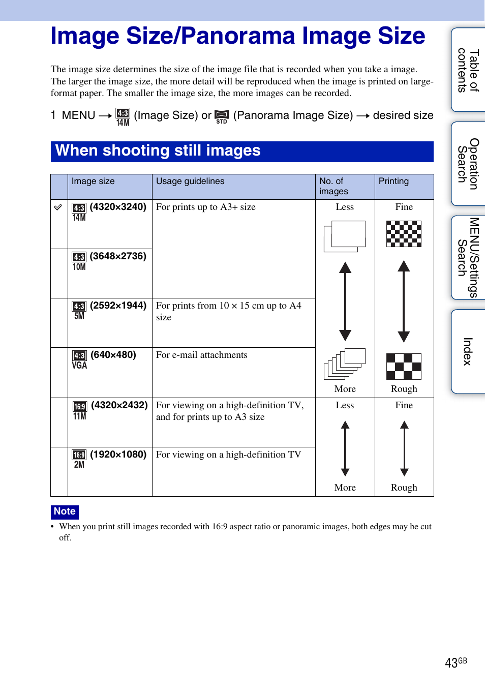 Image size/panorama image size, When shooting still images | Sony DSC-W560 User Manual | Page 43 / 141