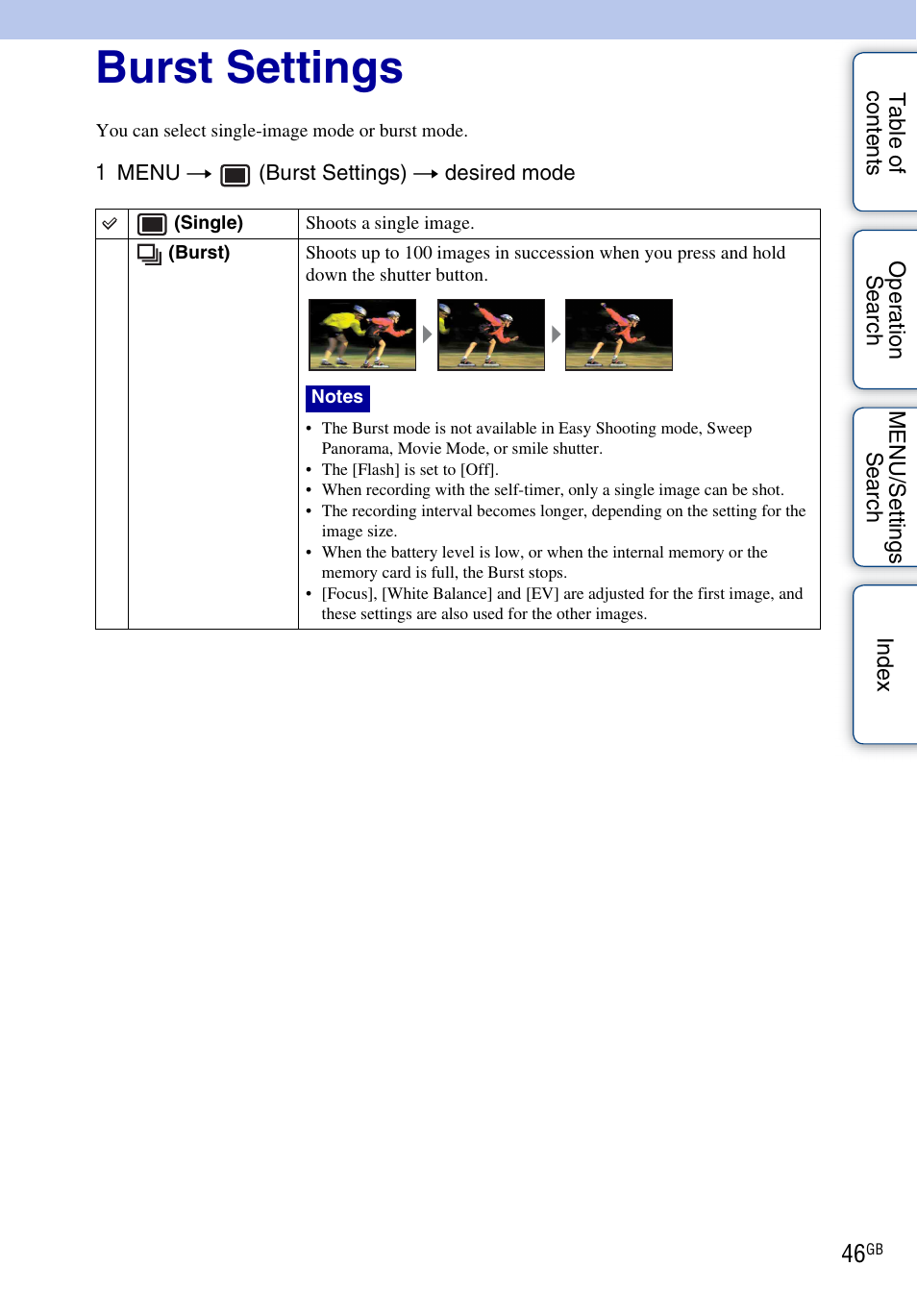 Burst settings | Sony DSC-W560 User Manual | Page 46 / 141