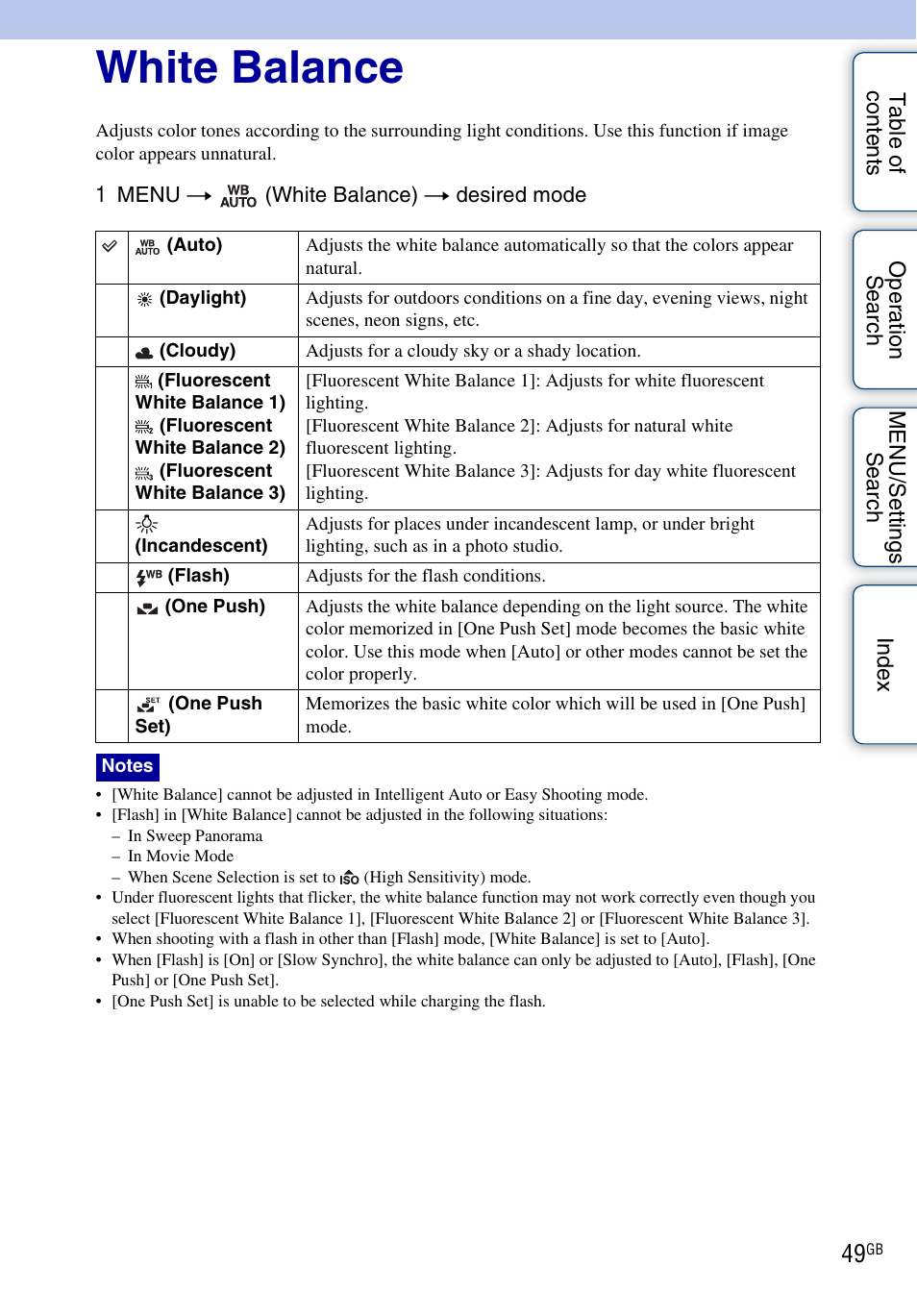 White balance | Sony DSC-W560 User Manual | Page 49 / 141