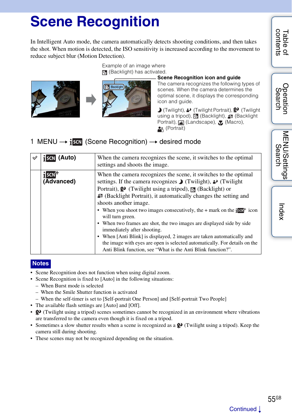 Scene recognition | Sony DSC-W560 User Manual | Page 55 / 141