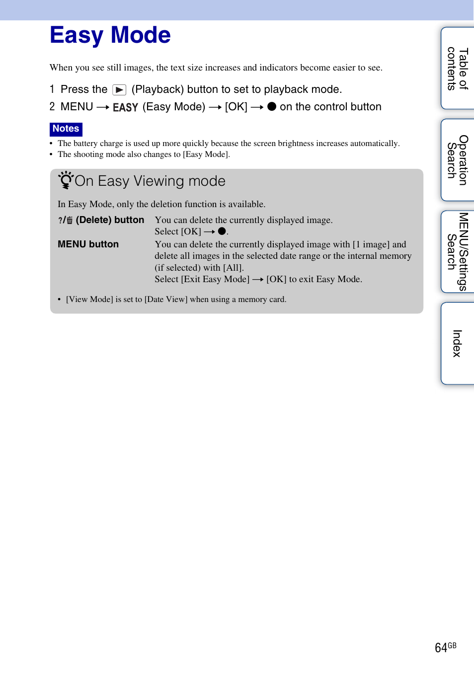 Easy mode, On easy viewing mode | Sony DSC-W560 User Manual | Page 64 / 141