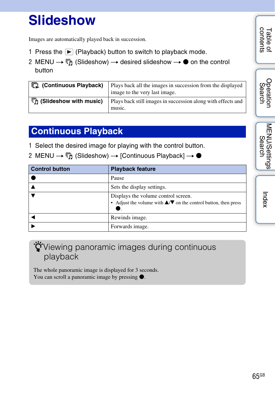 Slideshow, Continuous playback | Sony DSC-W560 User Manual | Page 65 / 141