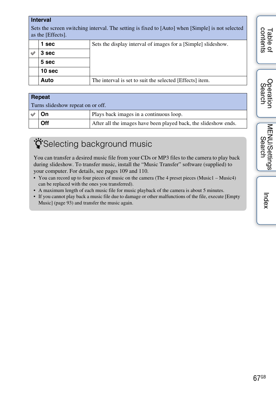 Selecting background music | Sony DSC-W560 User Manual | Page 67 / 141