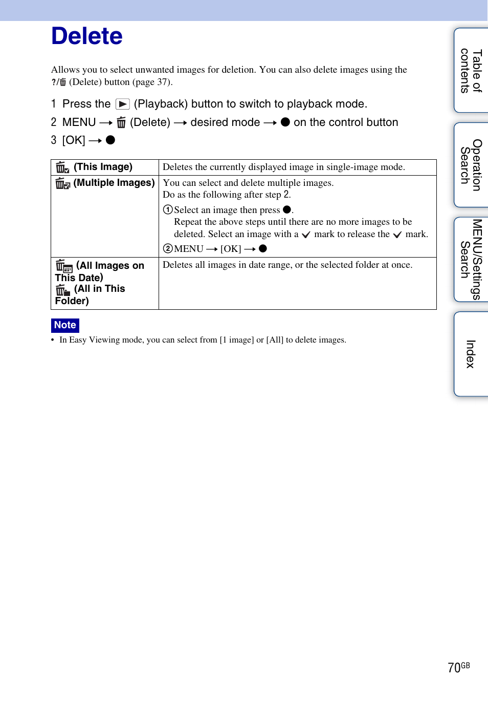 Delete, Delete) | Sony DSC-W560 User Manual | Page 70 / 141